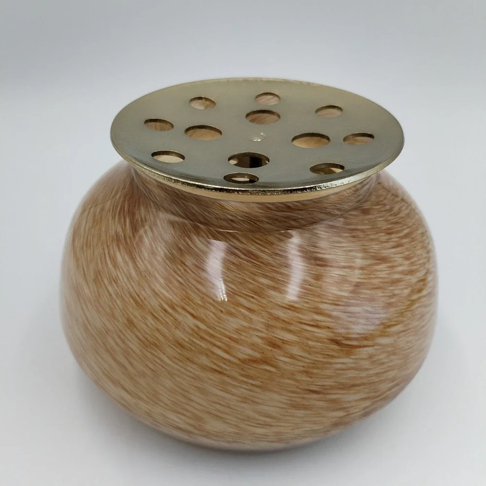 Anthropologie‎ Swirl Glass Rose Bowl Vase Cream Tan Flower Frog Insert Gold Tone